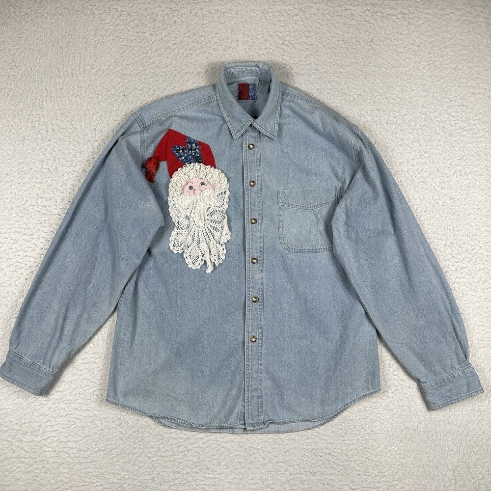 Sunbelt Shirt Womens Medium Denim Vintage Hong Kong Noel Santa Holidays Xmas